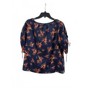 Alex Marie Navy Floral Print Short Sleeve Crew Neck Blouse Top- Size Medium